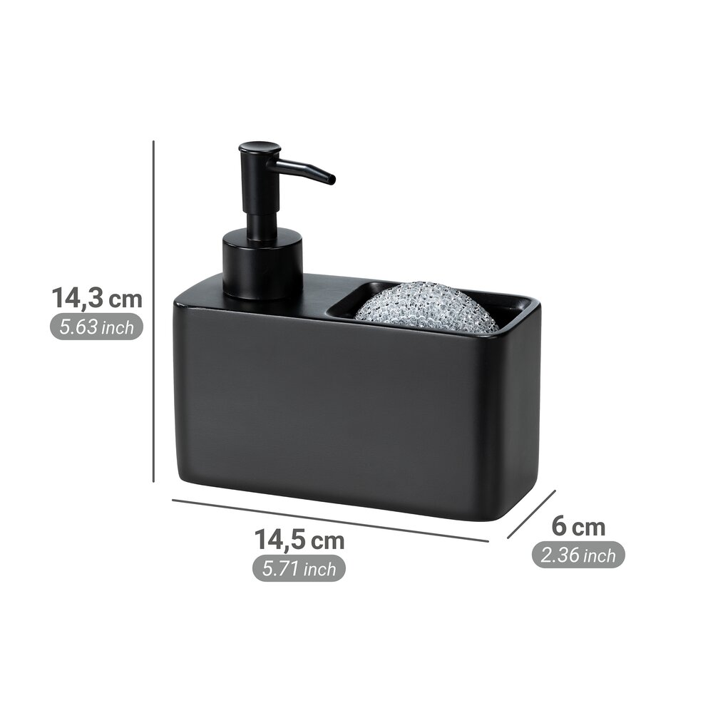 Distributeur savon Mod. Resa noir, polyrésine, 150 ml, 14,5x14,3x6 cm  avec compartiment pour éponge