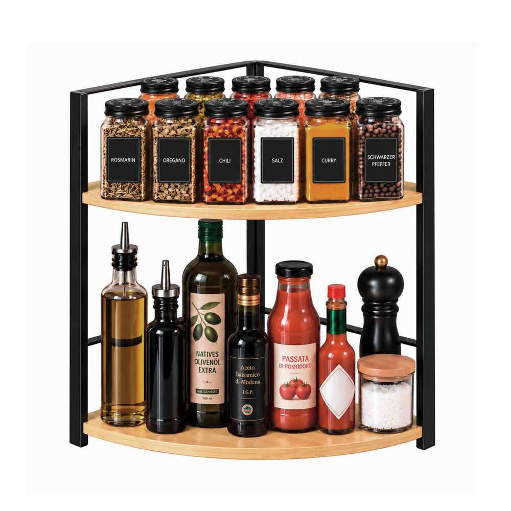 Etagère d'angle de cuisine XL Mod. Lou, bocaux à épices, lot de 13  2 niveaux