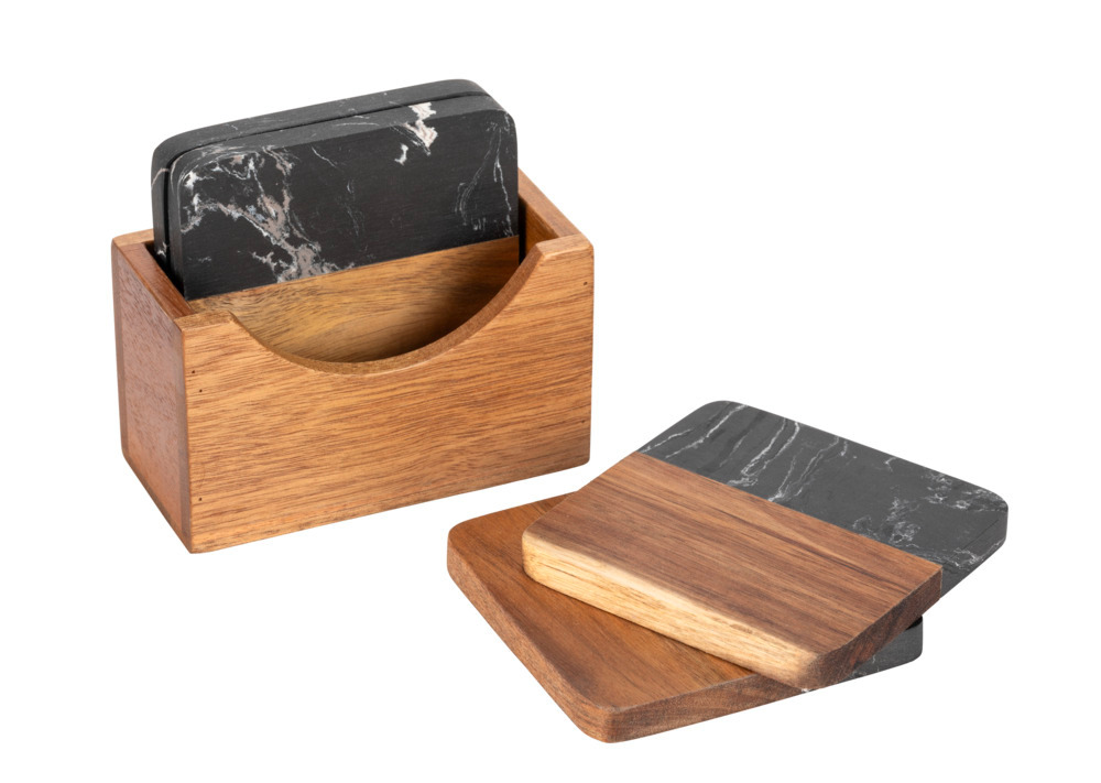 Untersetzer Mod. ATAMI, schwarz/natur, Marmor/Akazienholz, 10x10x1 cm  Inklusive Halterung aus Akazie