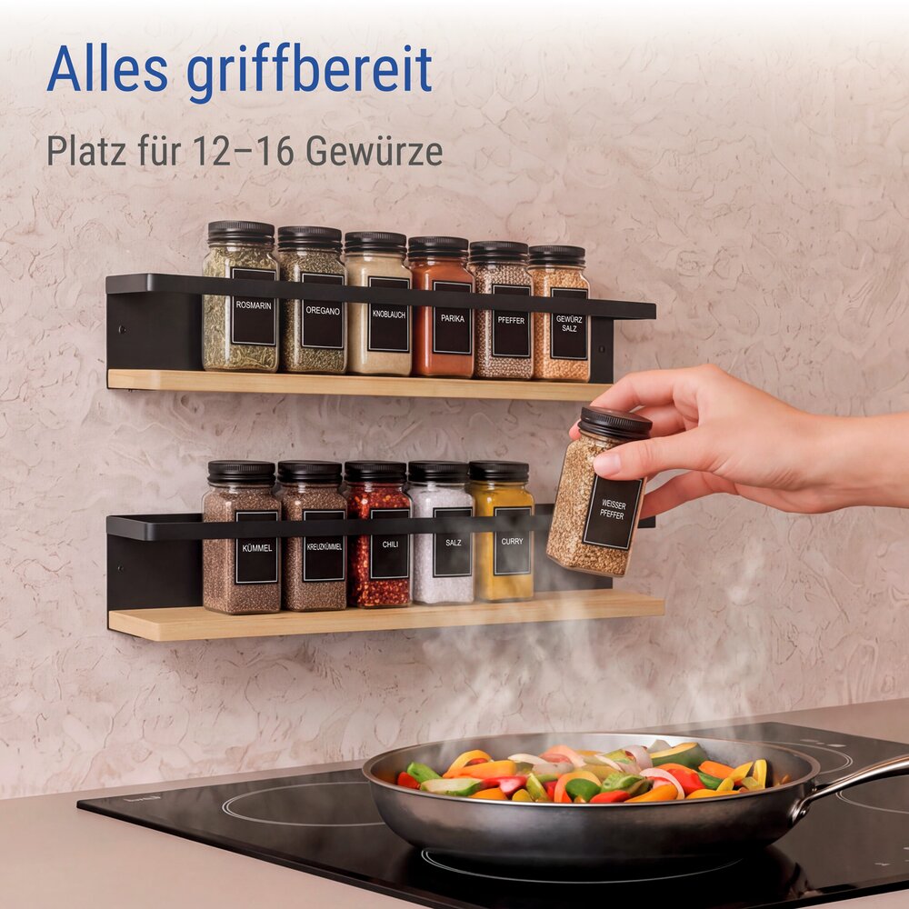 Gewürzregal für die Wand, Schwarz/Bambus, 2er Set  zum Kleben oder Bohren