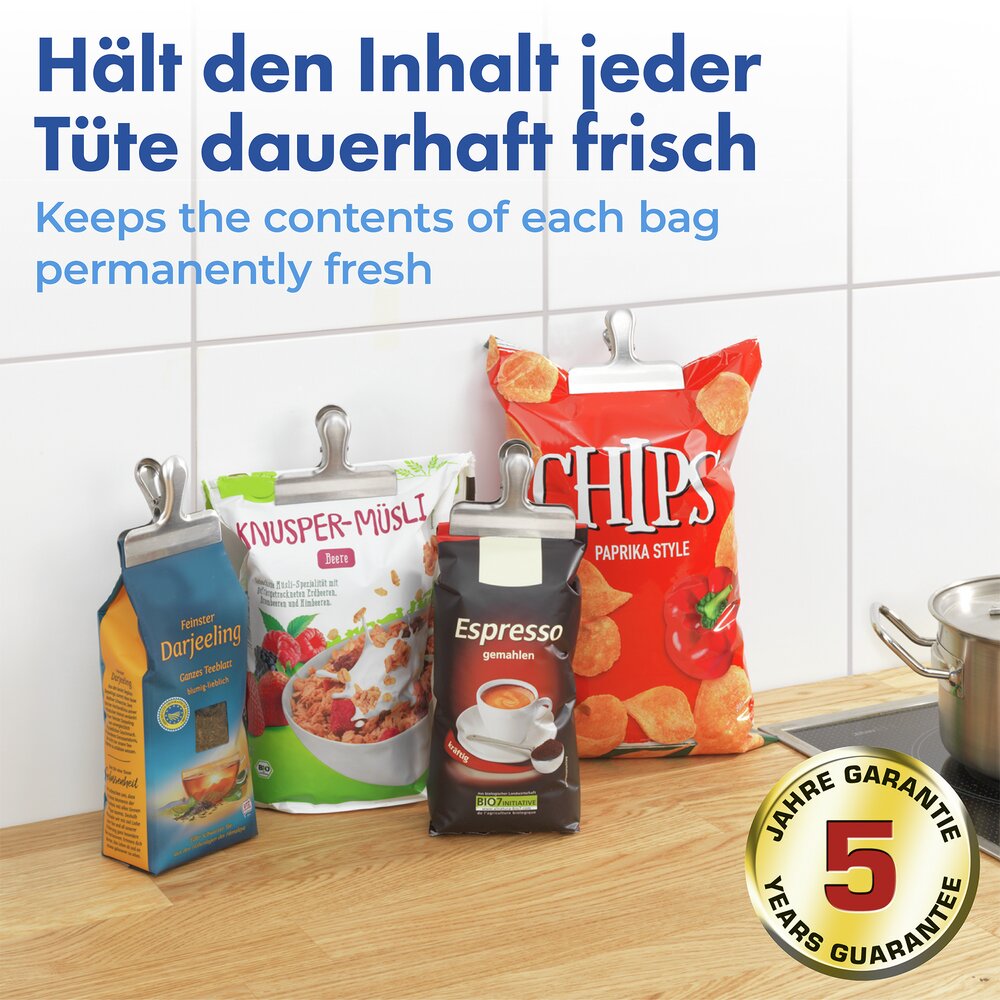 Verschlussklammern Edelstahl, 10er Set  mit starker Klemmfeder