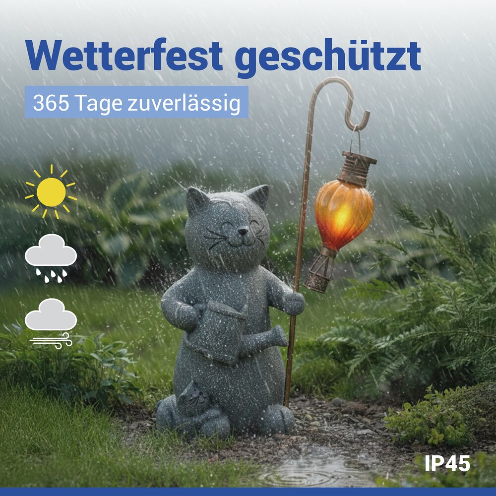 Gartenfigur Katze mit LED-Heißluftballon  dekorative, solarbetriebene Gartenleuchte
