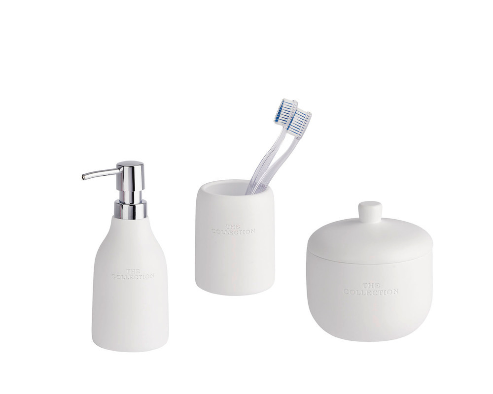 Bad-Accessoires Set The Collection White  3-teilig, Zahnputzbecher, Seifenspender & Universaldose