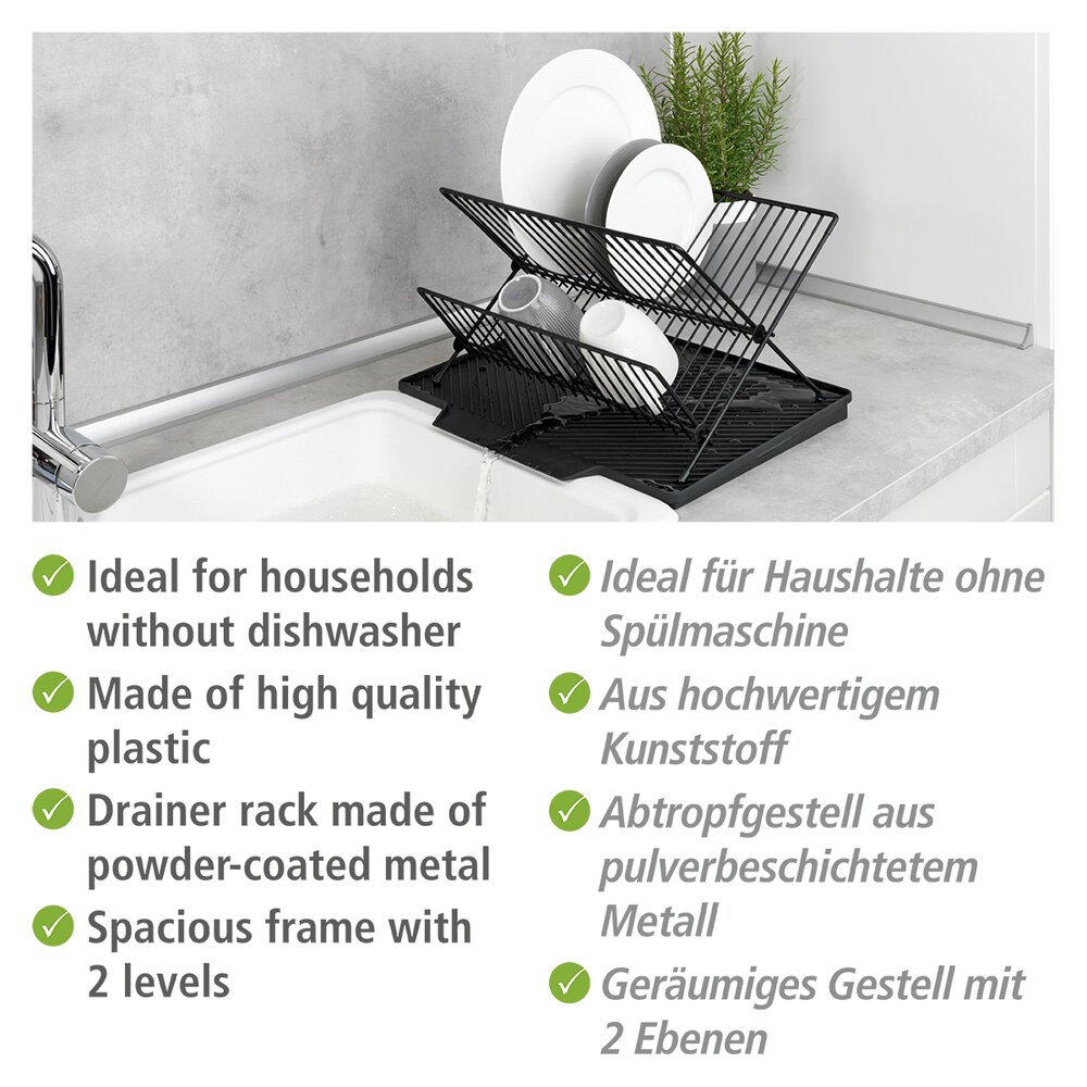 Abtropfmatte Mod. Nelia mit Abtropfgestell, Schwarz  mit geneigter Fläche für optimalen Wasserablauf