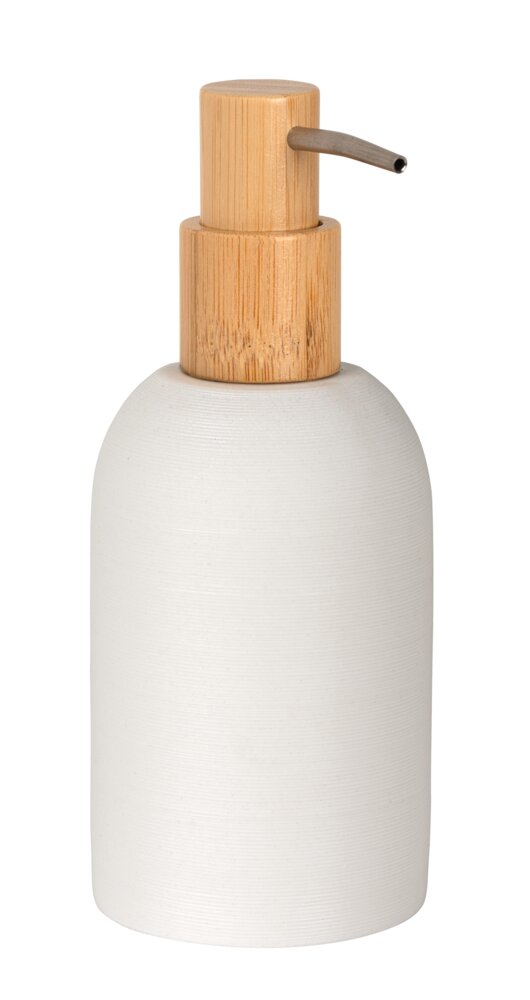 Distributeur savon Mod. Altavalle, blanc, polyrésine, bambou, 0.25L, 7.5x18x8 cm  design écologique avec bambou naturel