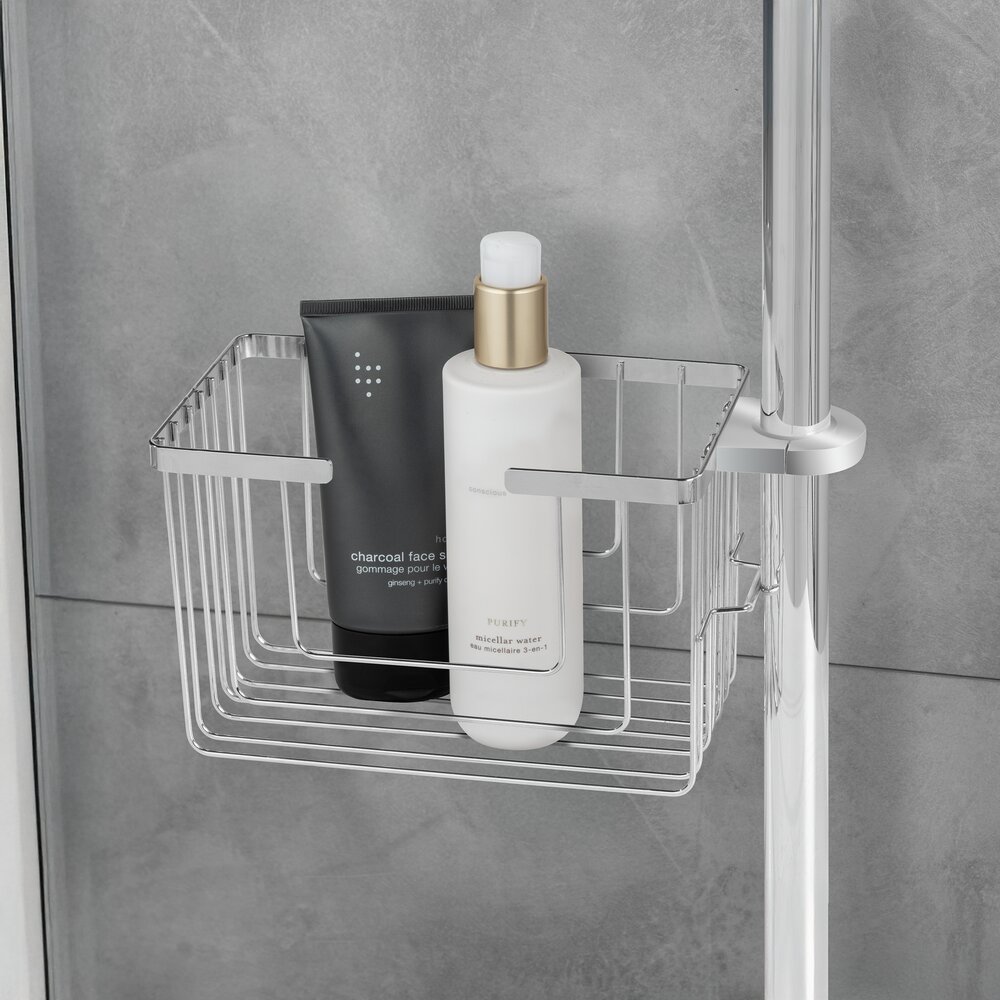 Panier pour barre de douche Mod. Valognes, Chromé, acier inoxydable, 20 x 12 x 13 cm  inoxydable, montage simple sans perçage