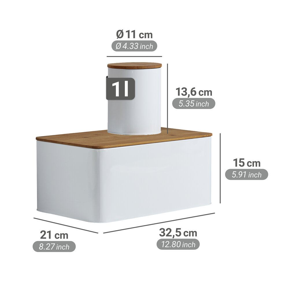 Brotkasten Set, weiß, Metall, Bambusdeckel, 32,5x21x15 cm, 3 Dosen  mit Bambusdeckel, je 1 Liter
