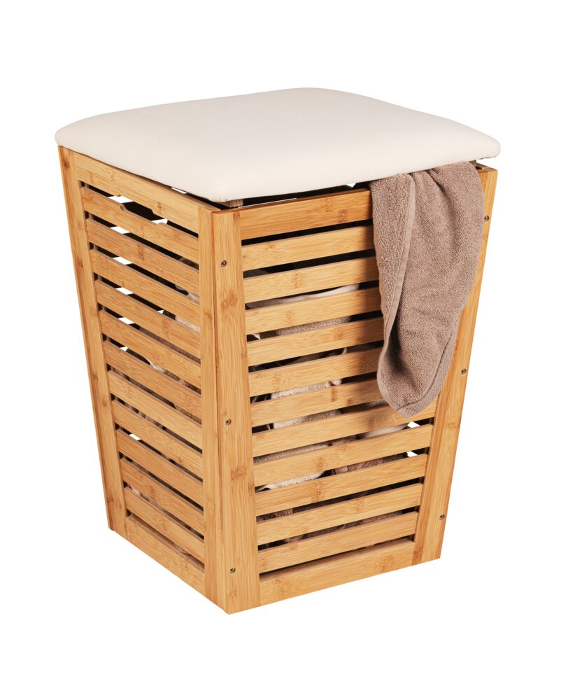 Coffre à linge Mod. Bambusa avec coussin d’assise  forme conique, idéale pour le rangement du linge