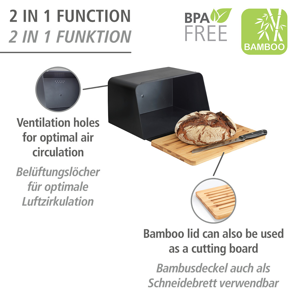 Brotkasten mit Bambusbrett Mod. Kubo, Schwarz  mit integriertem Bambusschneidebrett
