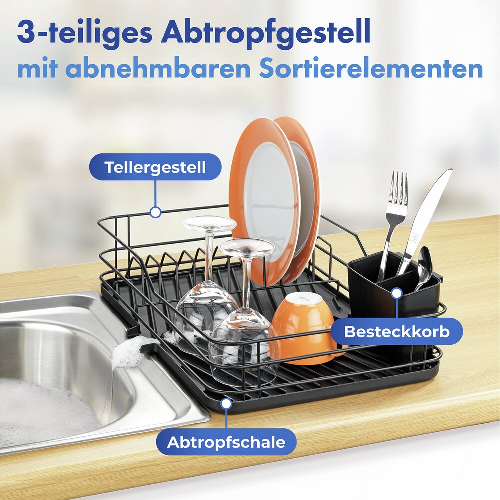 Abtropfgestell für Geschirr, 3-teilig, Schwarz  mit Abtropfschale, Besteckkorb und Tellergestell