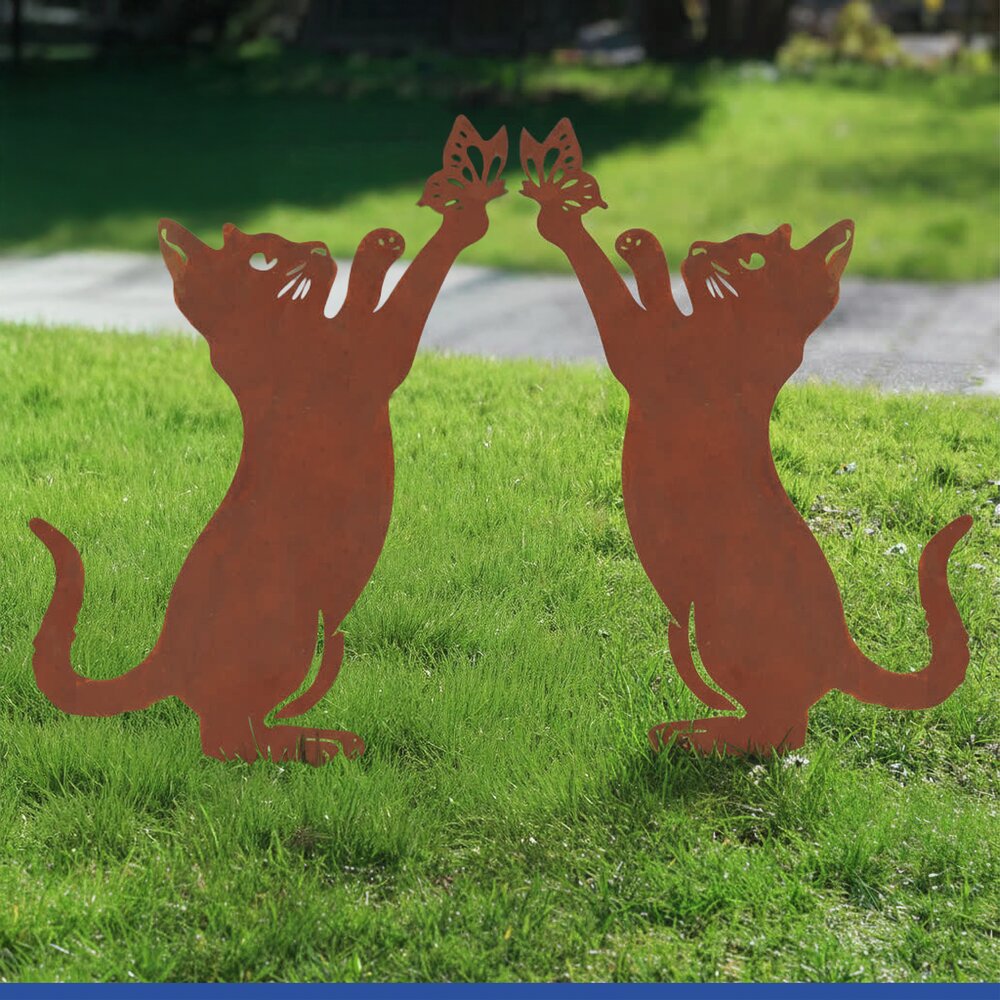 Gartenstecker Katze & Schmetterling, 2er Set  wetterbeständig, mit Edelrost-Effekt