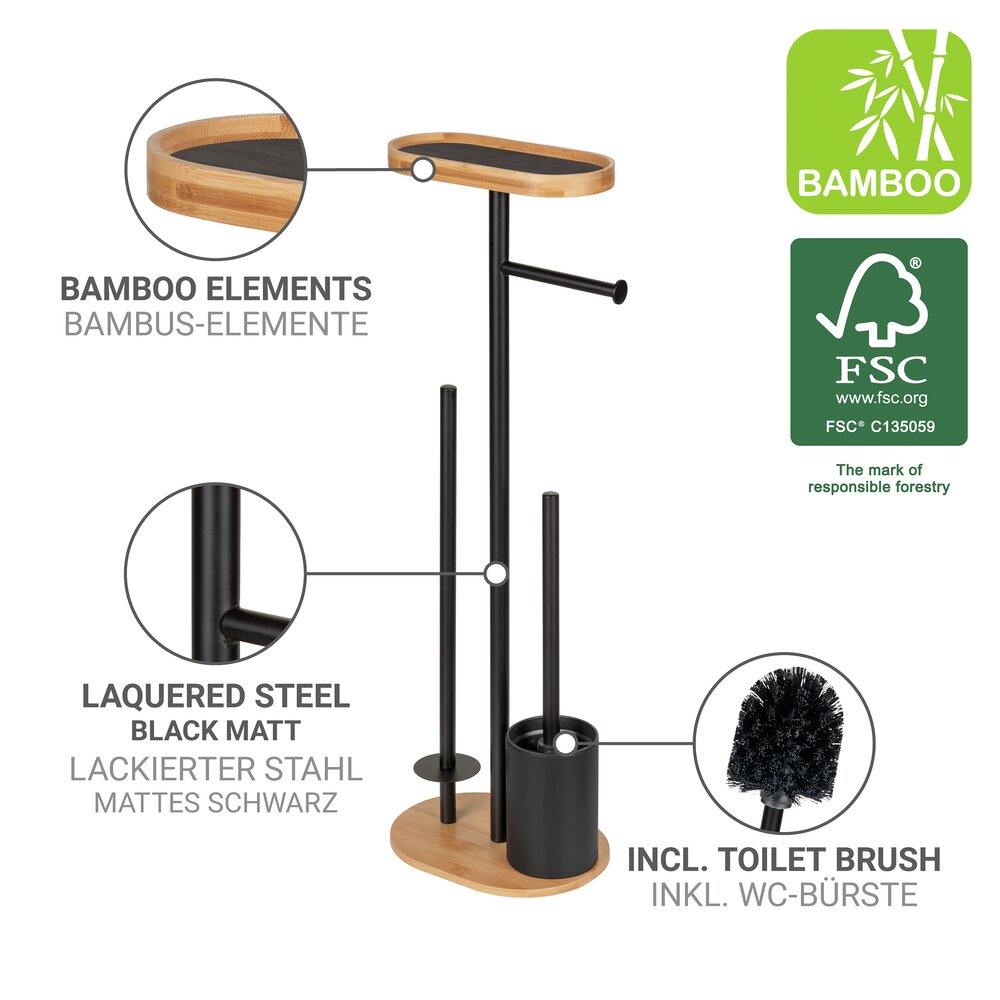 Garniture WC sur pied Mod. Pomarolo, bambou, acier, naturel/noir, 25x70,5x17 cm  avec tablette pour téléphone intégré