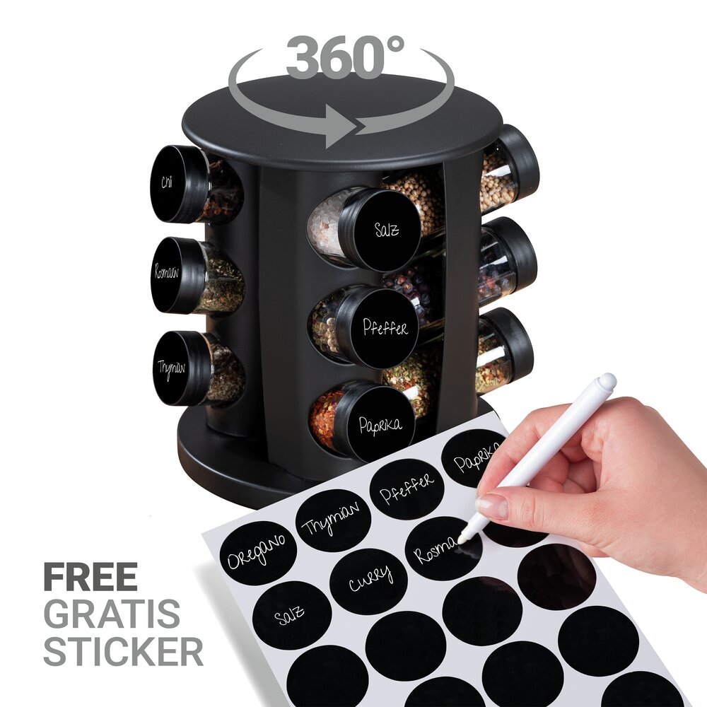 Carrousel à épices Mod. Bruna noir, métal, 13 pcs, 18,5x21,5 cm, pivotant à 360°  autocollants inclus, bocaux en verre