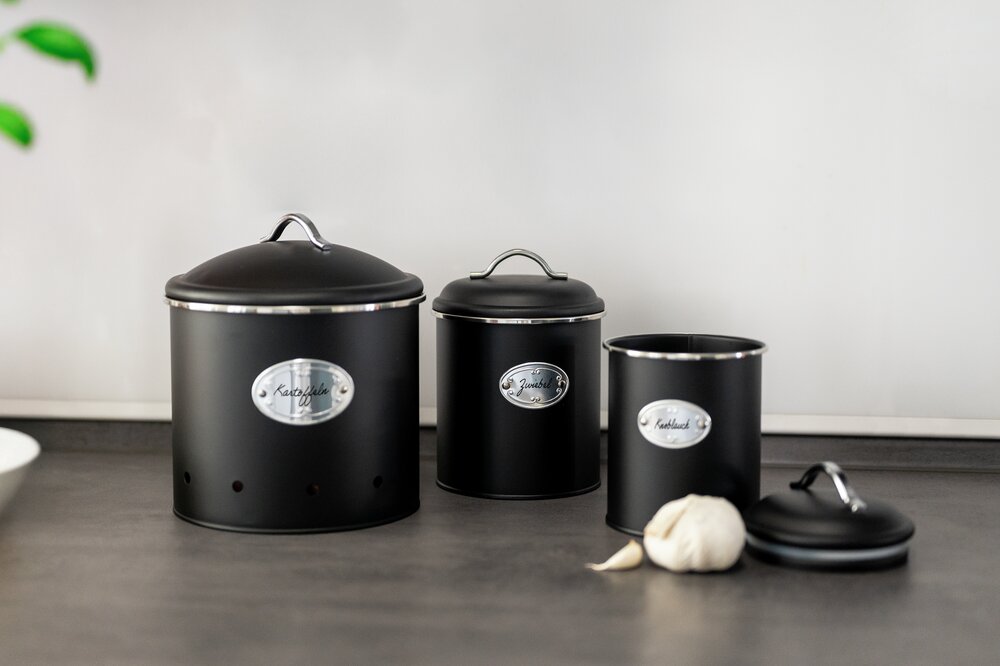 Bewaarblik Mod. Nero Set, 3-delig, zwart, gelakt metaal, 1L, 1.6L, 4L