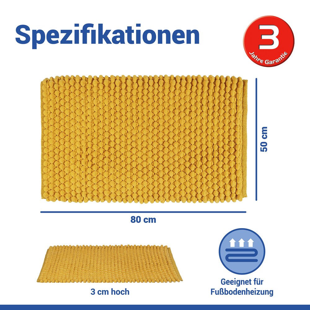 Badteppich Mod. Solivo Senfgelb, 50 x 80 cm  rutschfest und waschbar bis 30 °C
