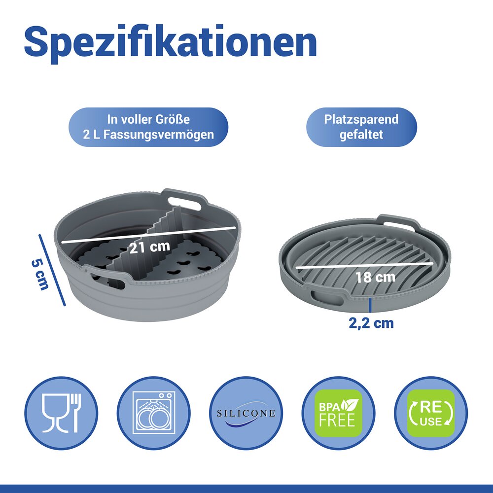 Silikonform für Heißluftfritteusen Mod. Nara, 2er Set, rund  hitzebeständig bis 230 °C, spülmaschinengeeignet