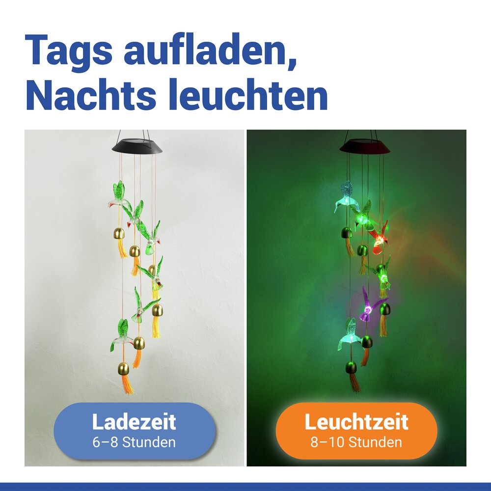 LED Windspiel Mod. Kolibri Solar  mit 6 Glocken, dekorative Gartenbeleuchtung