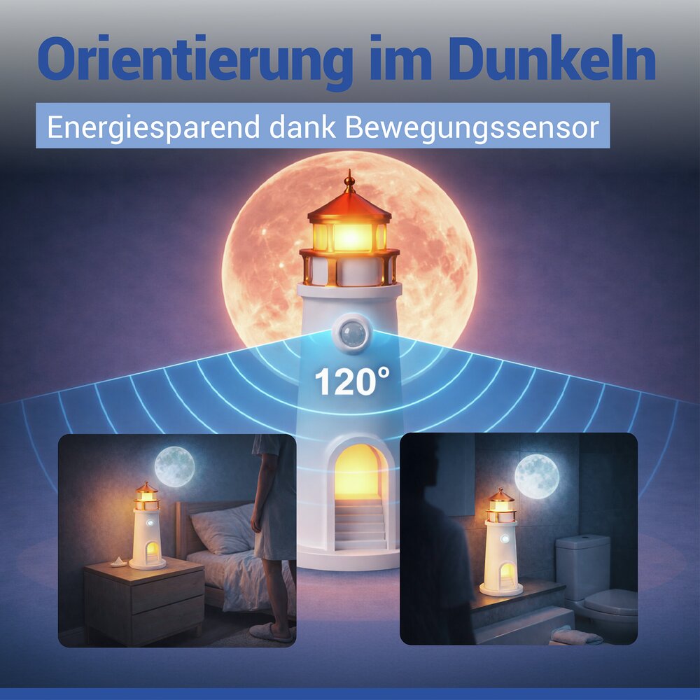 LED Nachtlicht Leuchtturm  mit Mondprojektion und Bewegungsmelder