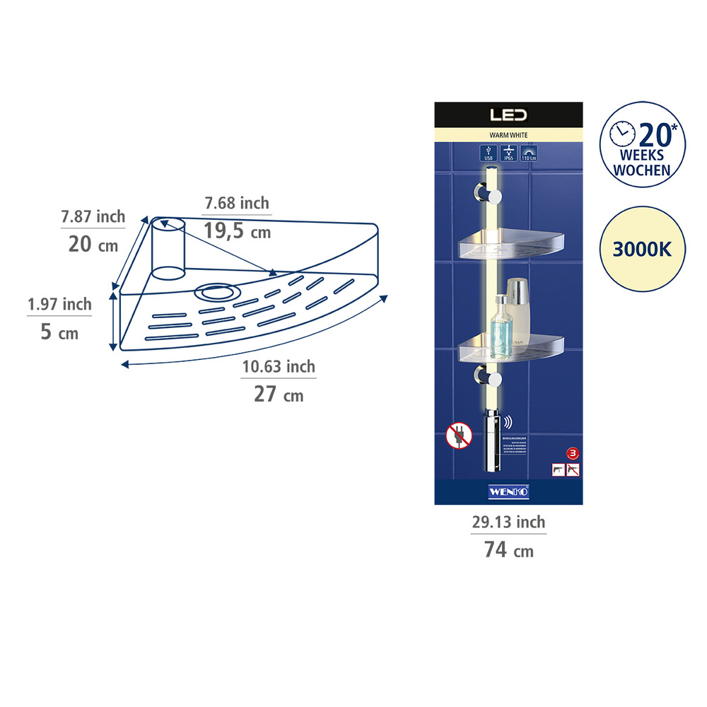 LED Duscheckregal, 74 cm  LED-Duschstange mit Bewegungsmelder und 2 Ablagen