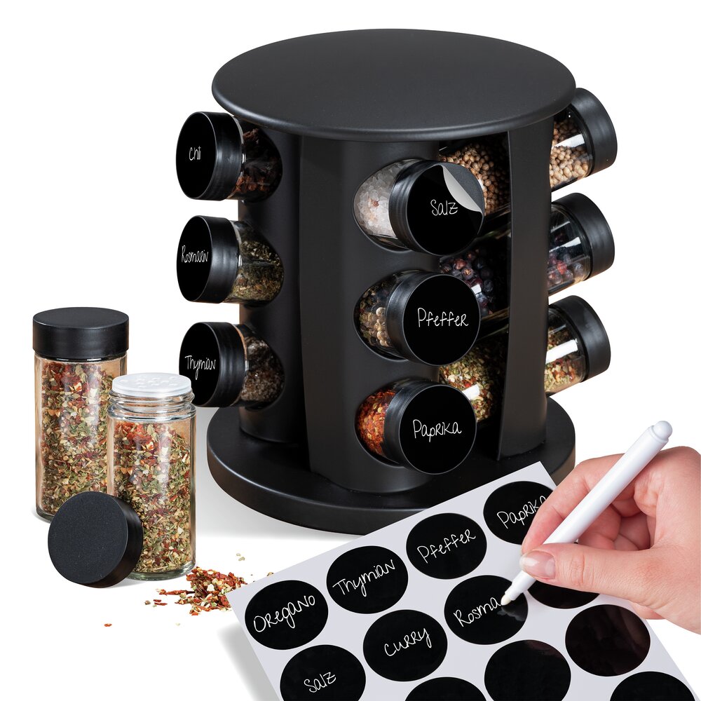 Carrousel à épices Mod. Bruna noir, métal, 13 pcs, 18,5x21,5 cm, pivotant à 360°  autocollants inclus, bocaux en verre