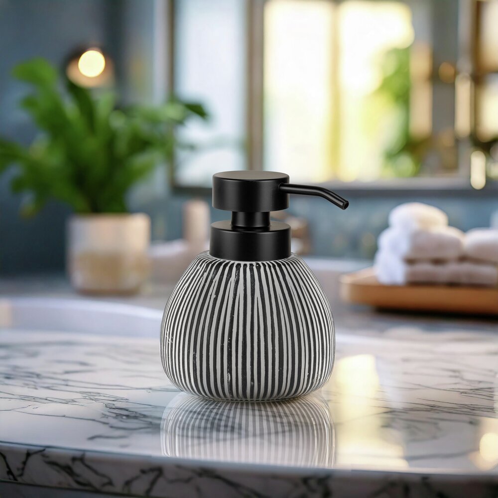 Distributeur de savon Mod. Pascoli, blanc/noir, céramique, 0.5L, 11x13x12 cm  surface structurée, design moderne
