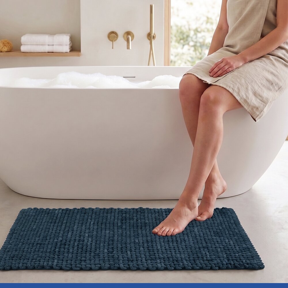 Tapis de bain Mod. Covelo bleu foncé, 50 x 80 cm  antidérapant et lavable jusqu'à 30 °C