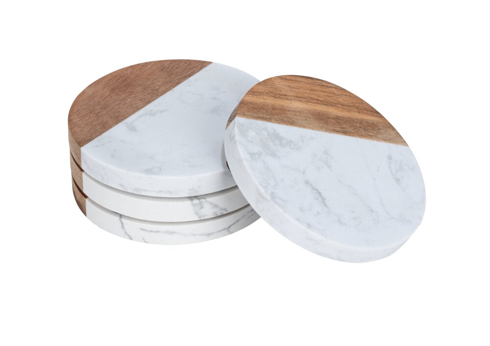 Untersetzer Mod. MARNIE, weiß/natur, Marmor/Akazie, D 10x1 cm, 4er-Set  FSC-zertifiziert, langlebig und stilvoll