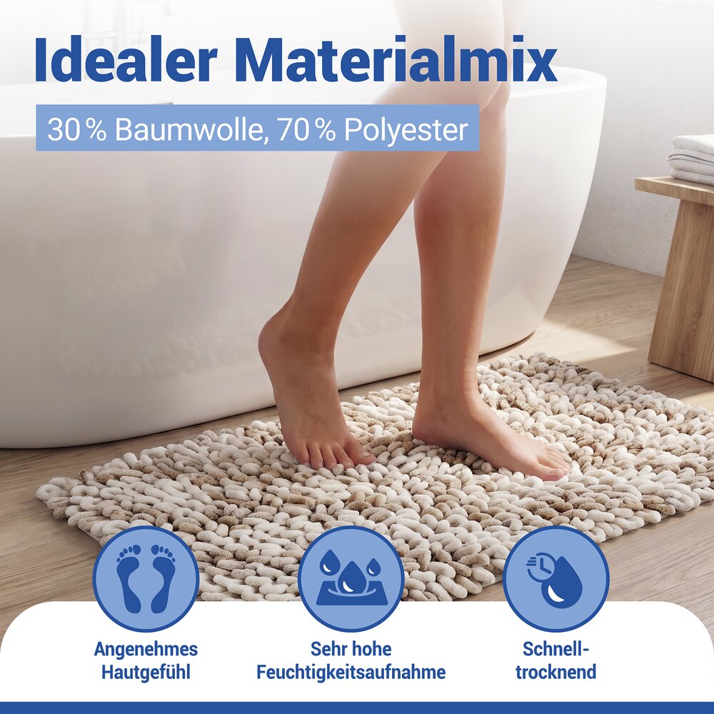 Tapis de bain Mod. Lerici blanc-beige, 60 x 90 cm  antidérapant et à séchage rapide
