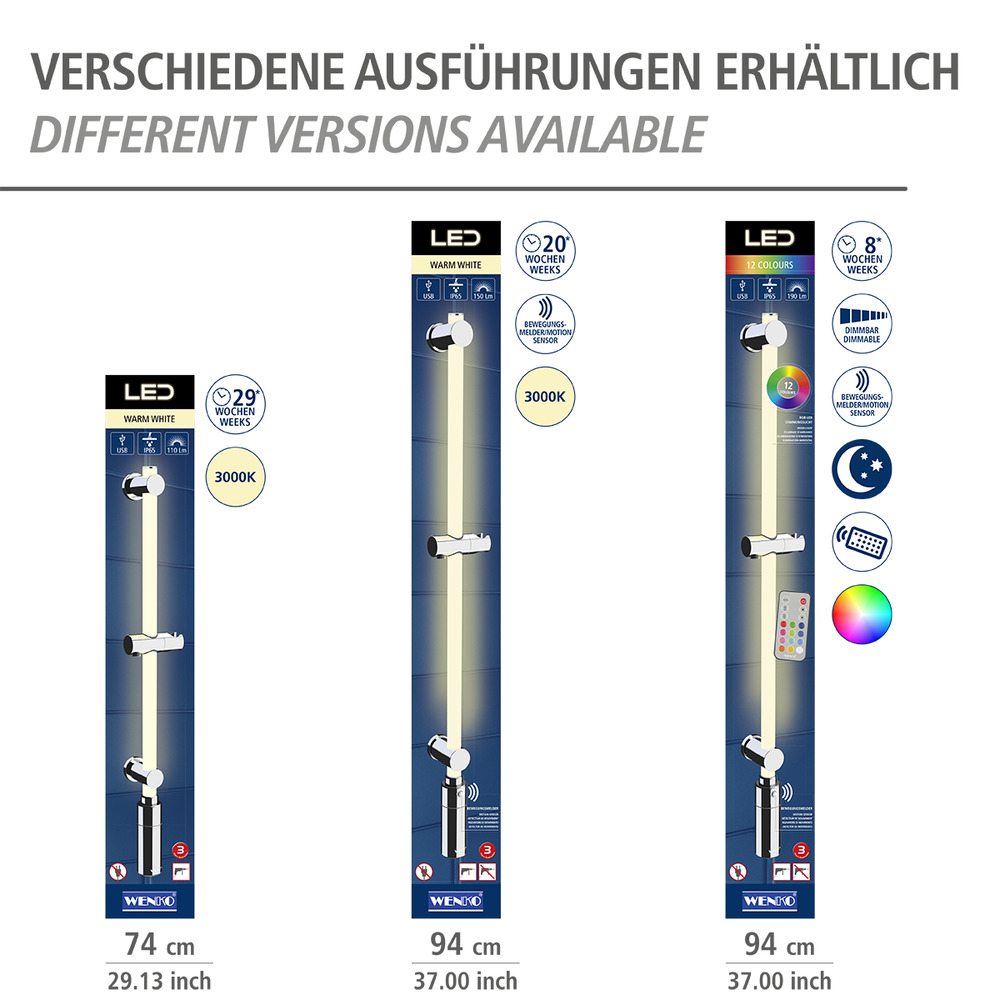 LED Duschstange, 94 cm, RGB-Farbwechsel & Warmweiß  beleuchtete Brausestange