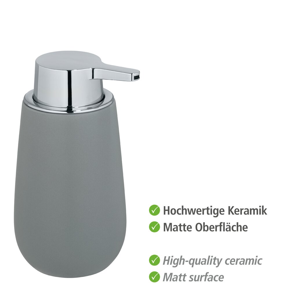 Seifenspender Mod. Badi Grau  hochwertige Keramik, Füllmenge 320 ml