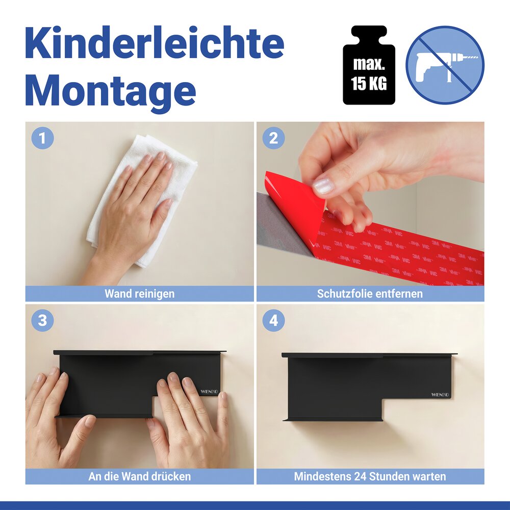 Turbo-Loc® Toilettenpapierhalter mit Ablage Mod. Lizan Schwarz  Befestigen ohne Bohren