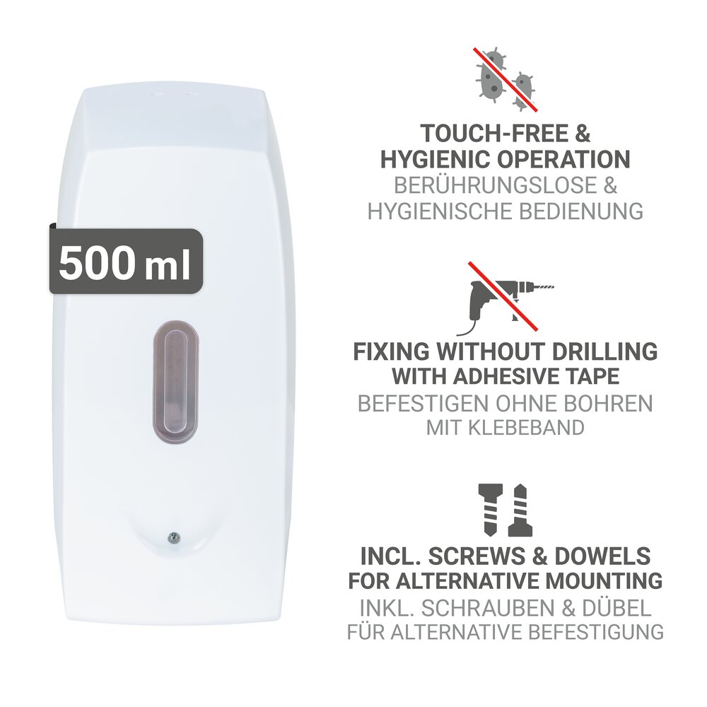 Seifenspender Mod. Tirano, weiß, Kunststoff, 0.5L, 10x20.5x9.5 cm  mit Infrarot-Sensor, tropffrei