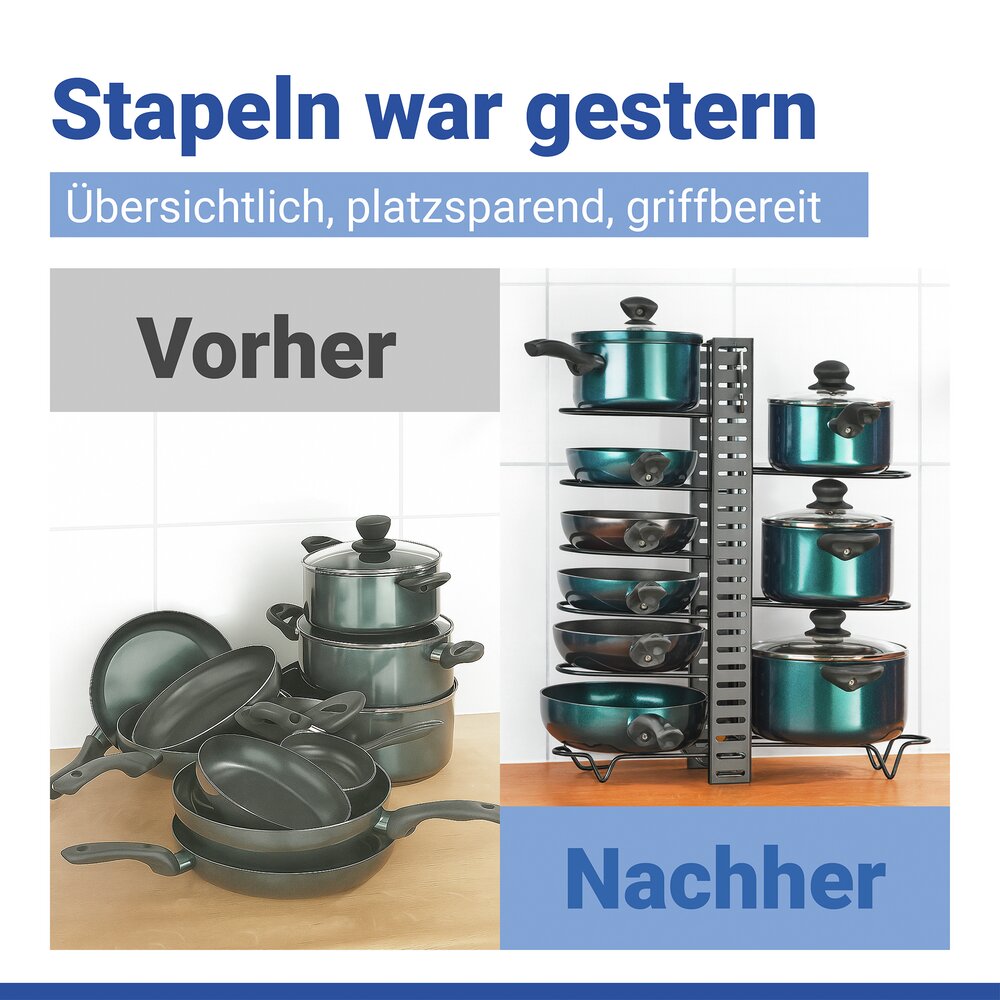 Pfannen- und Topf-Organizer 3in1 platzsparend, für bis zu 8 Töpfe, Pfannen oder Deckel