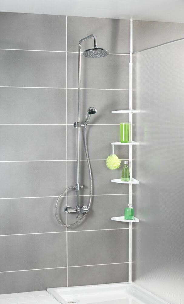 Étagère de douche télescopique Compact, paniers de douche plastique, aluminium blanc, 26x78-275x19,5 cm  4 tablettes et 4 crochets