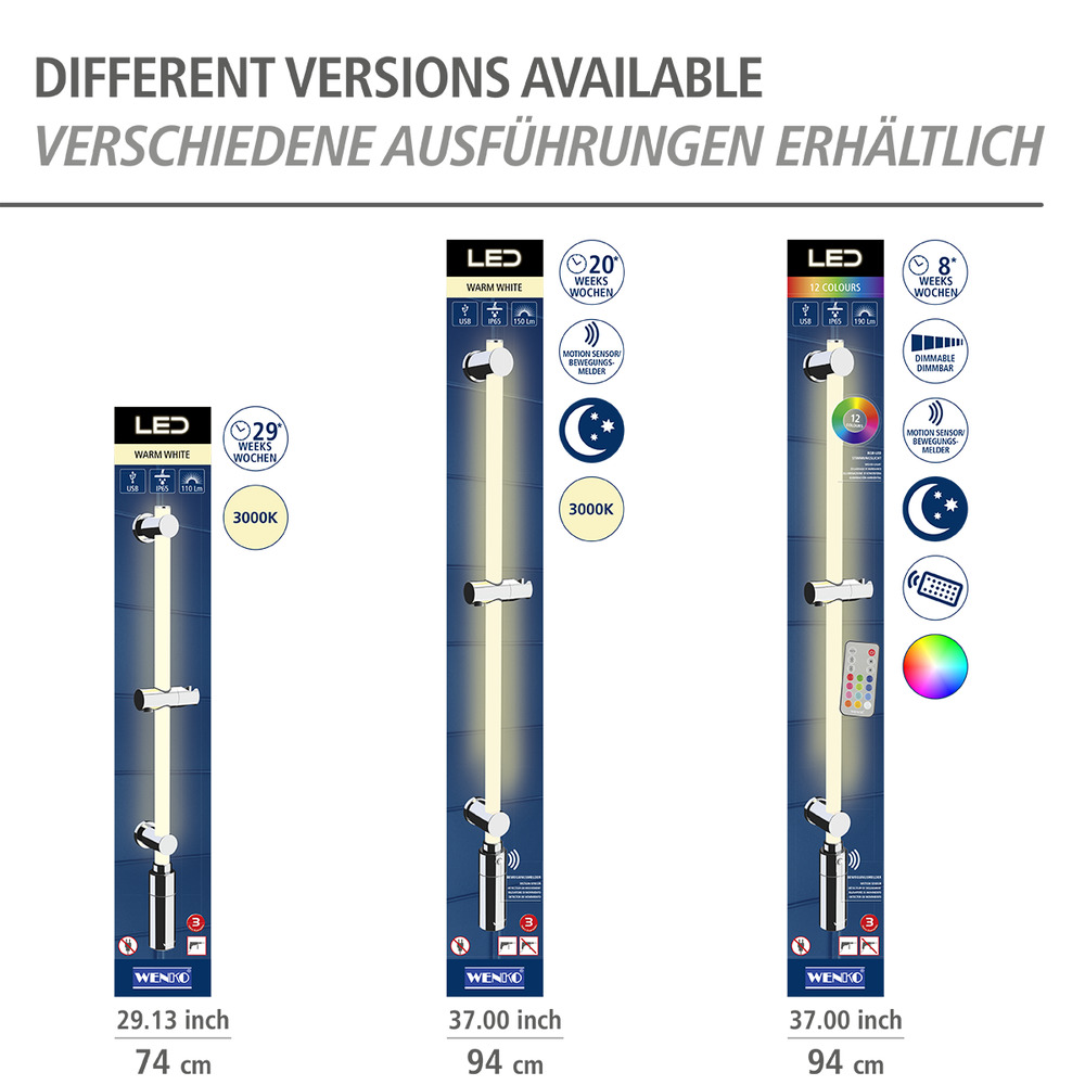 LED Duscheckregal, 74 cm  LED-Duschstange mit Bewegungsmelder und 2 Ablagen