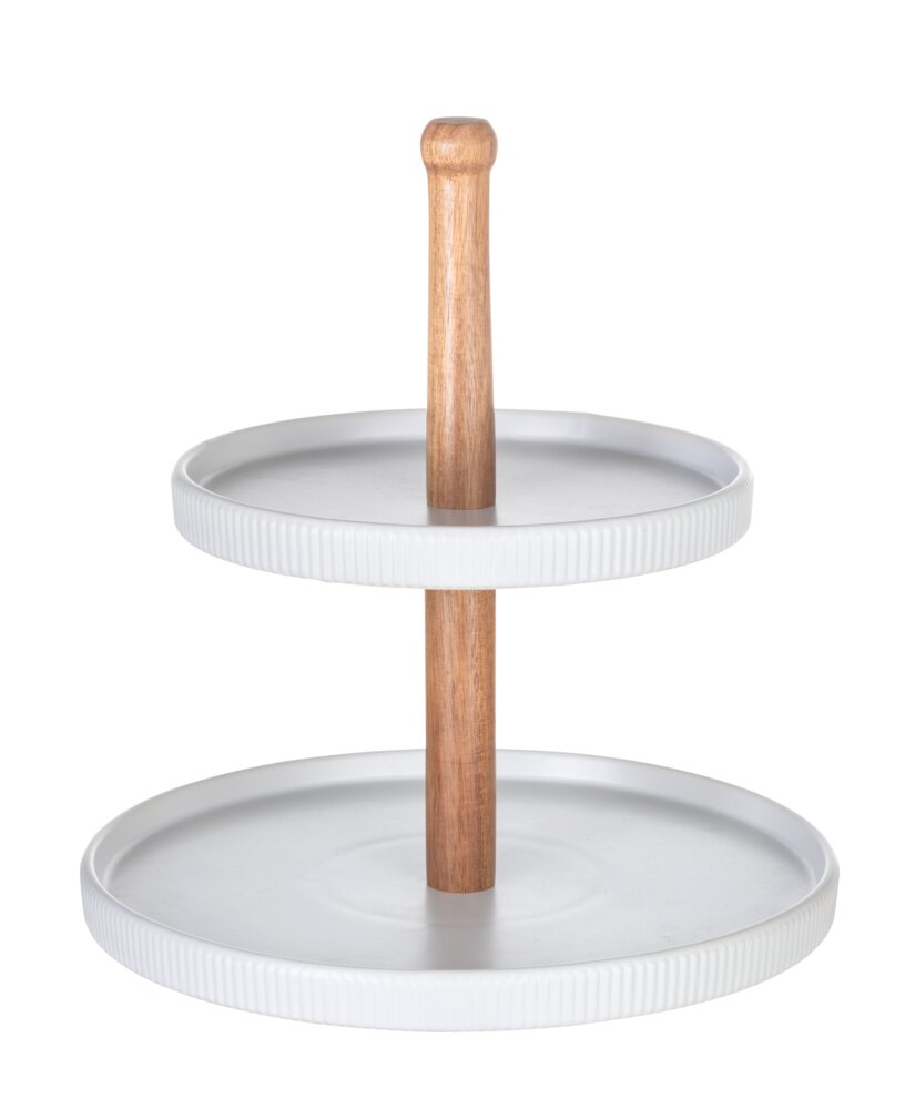 Etagere Mod. REFIA, keramik, weiß/natur, Akazienholz, Ø24x25 cm  elegantes Zylinderdesign mit Holzakzenten