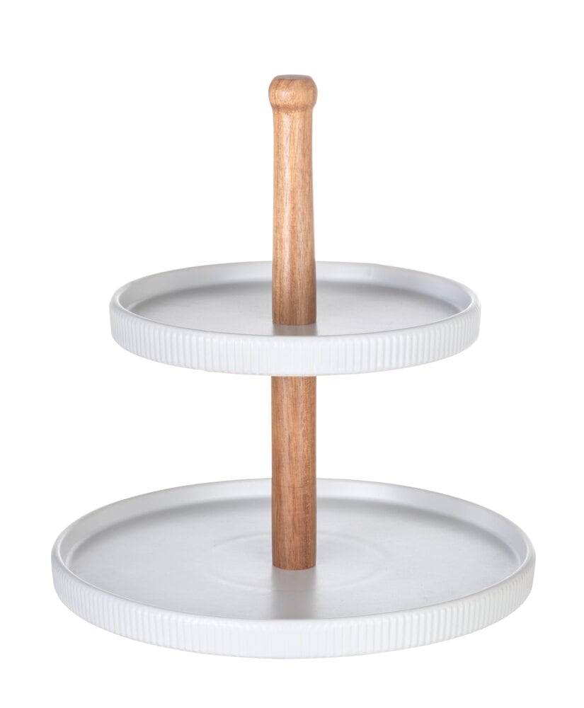 Etagere Mod. REFIA, keramik, weiß/natur, Akazienholz, Ø24x25 cm elegantes Zylinderdesign mit Holzakzenten