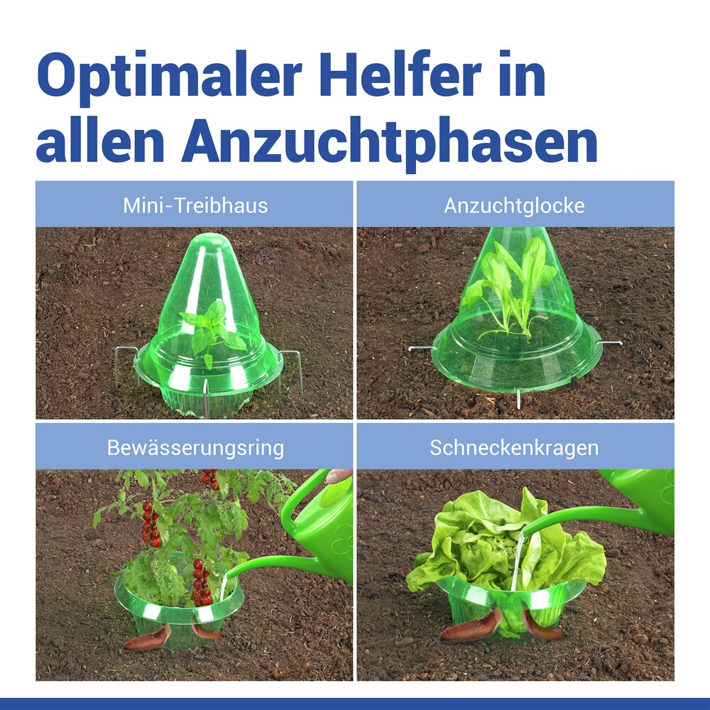 Pflanzendom 3in1, 15-teilig  Anzuchtglocke, Schneckenabwehr und Bewässerungsring