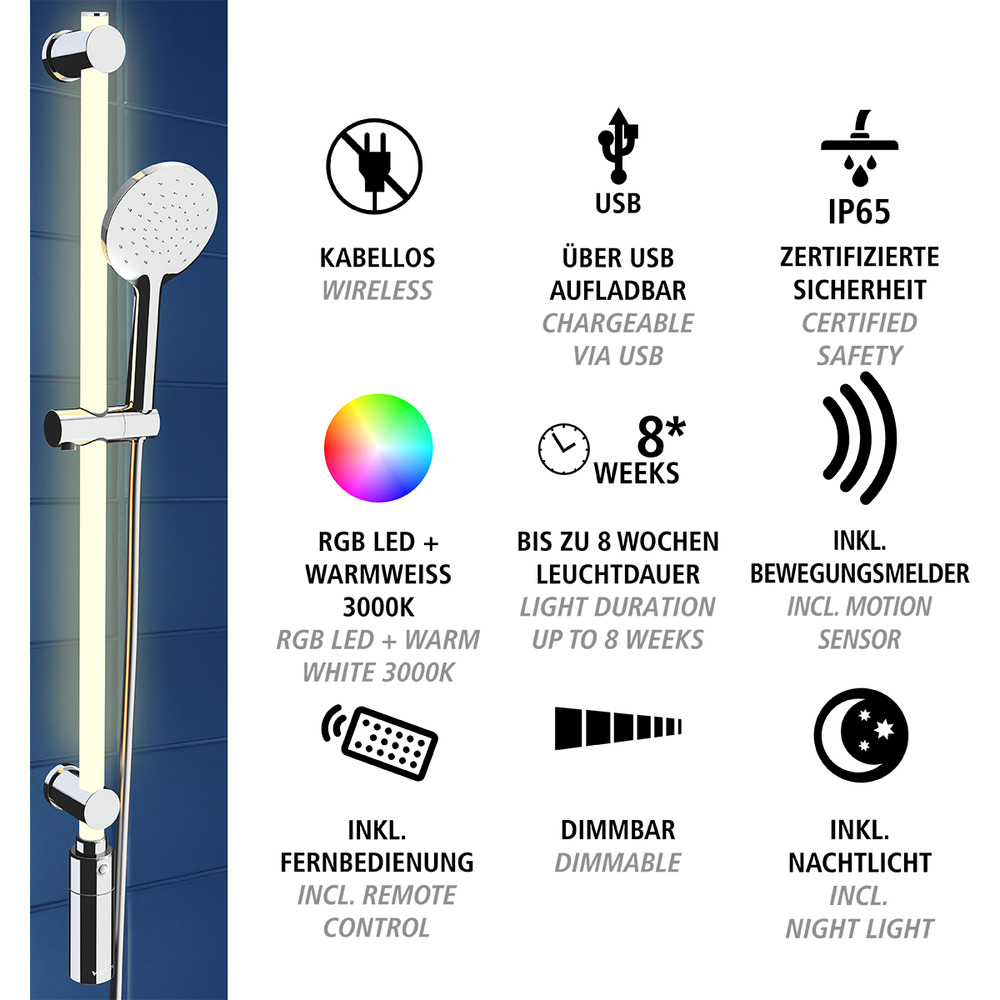 LED Duschstangen-Set 94 cm RGB + Warmweiß  dimmbar