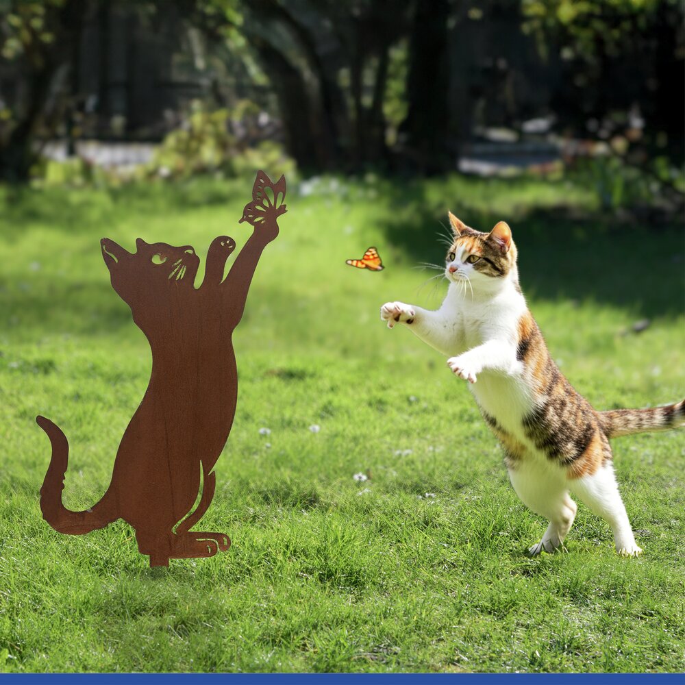 Gartenstecker Katze & Schmetterling, 2er Set  wetterbeständig, mit Edelrost-Effekt