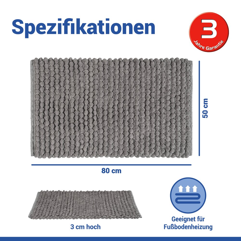 Tapis de bain Mod. Solivo gris, 50 x 80 cm  antidérapant et lavable à 30 °C