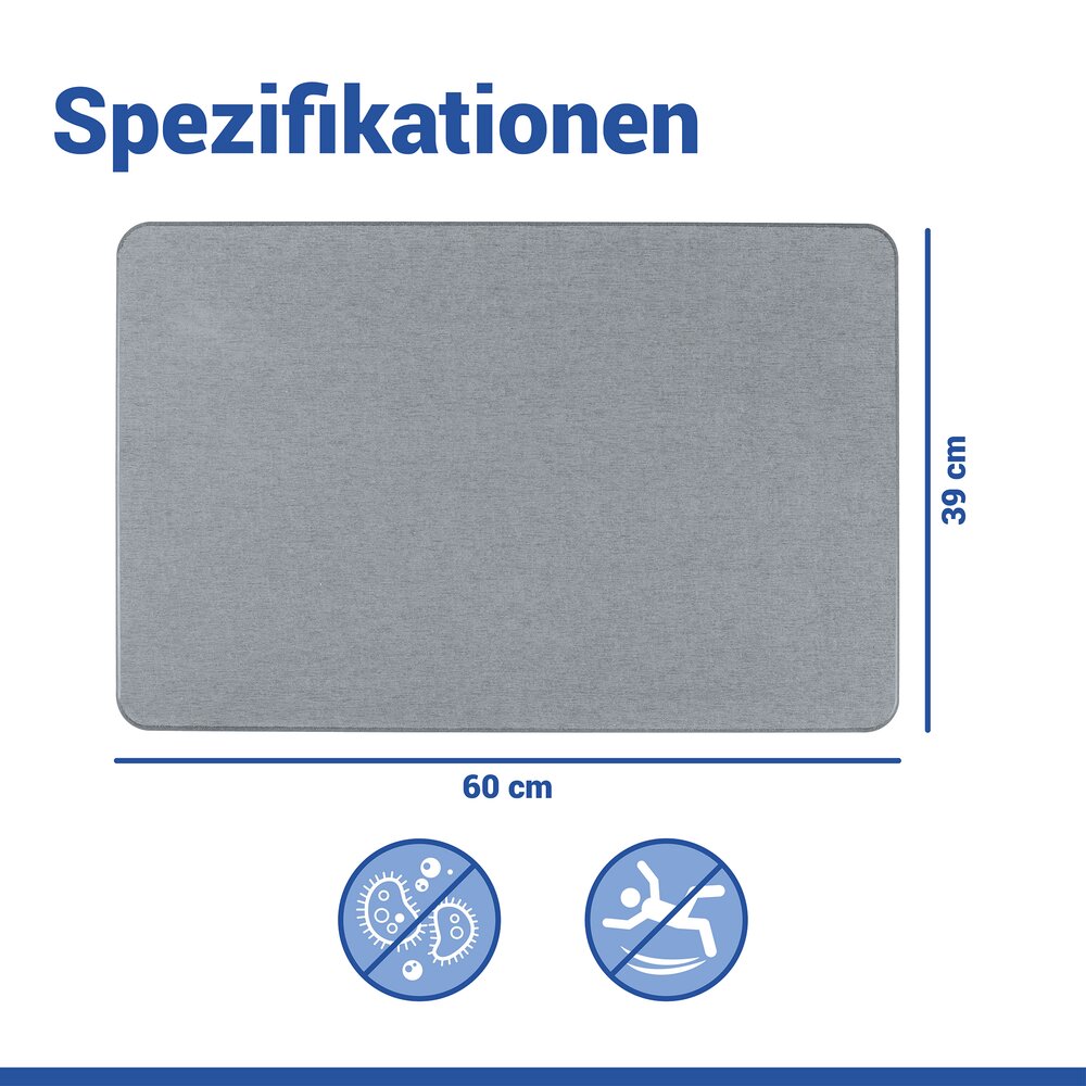 Tapis de bain Diatomite Mod. Simi Gris, 60 x 39 cm  séchage rapide et antidérapant