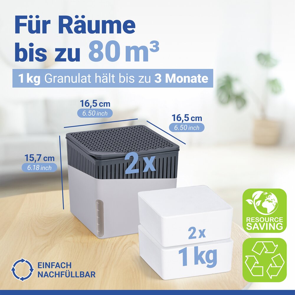 Raumentfeuchter Mod. Cube Grau 1000 g, 2er Set  beugt Schimmel und Gerüchen vor