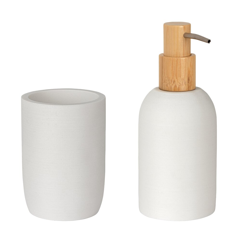 Bad-Accessoire Set Mod. Altavalle, weiß, polyresin, bambus, Ø8,5x18,5 cm  natürliche bambuselemente