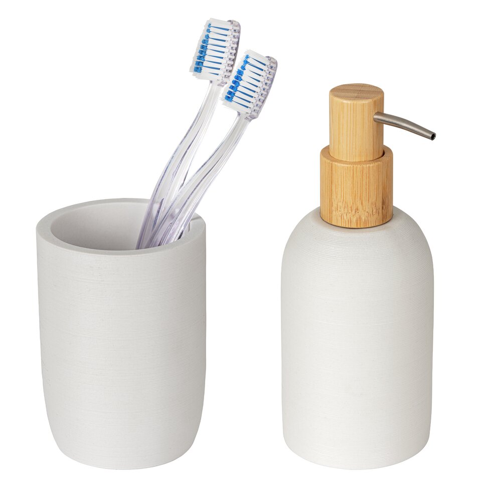 Bad-Accessoire Set Mod. Altavalle, weiß, polyresin, bambus, Ø8,5x18,5 cm  natürliche bambuselemente