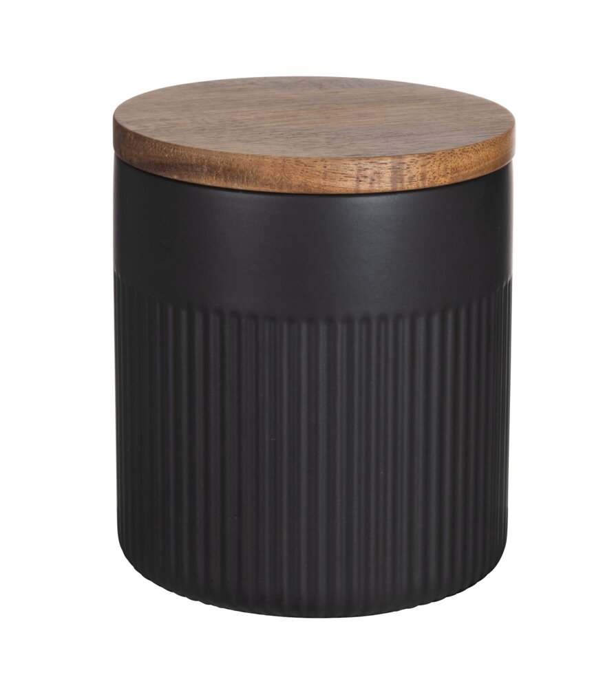 Keramikdose Mod. REFIA 0,6L, schwarz/natur, Holz/Silikon, Ø10,5x12 cm mit Akazienholzdeckel luftdicht