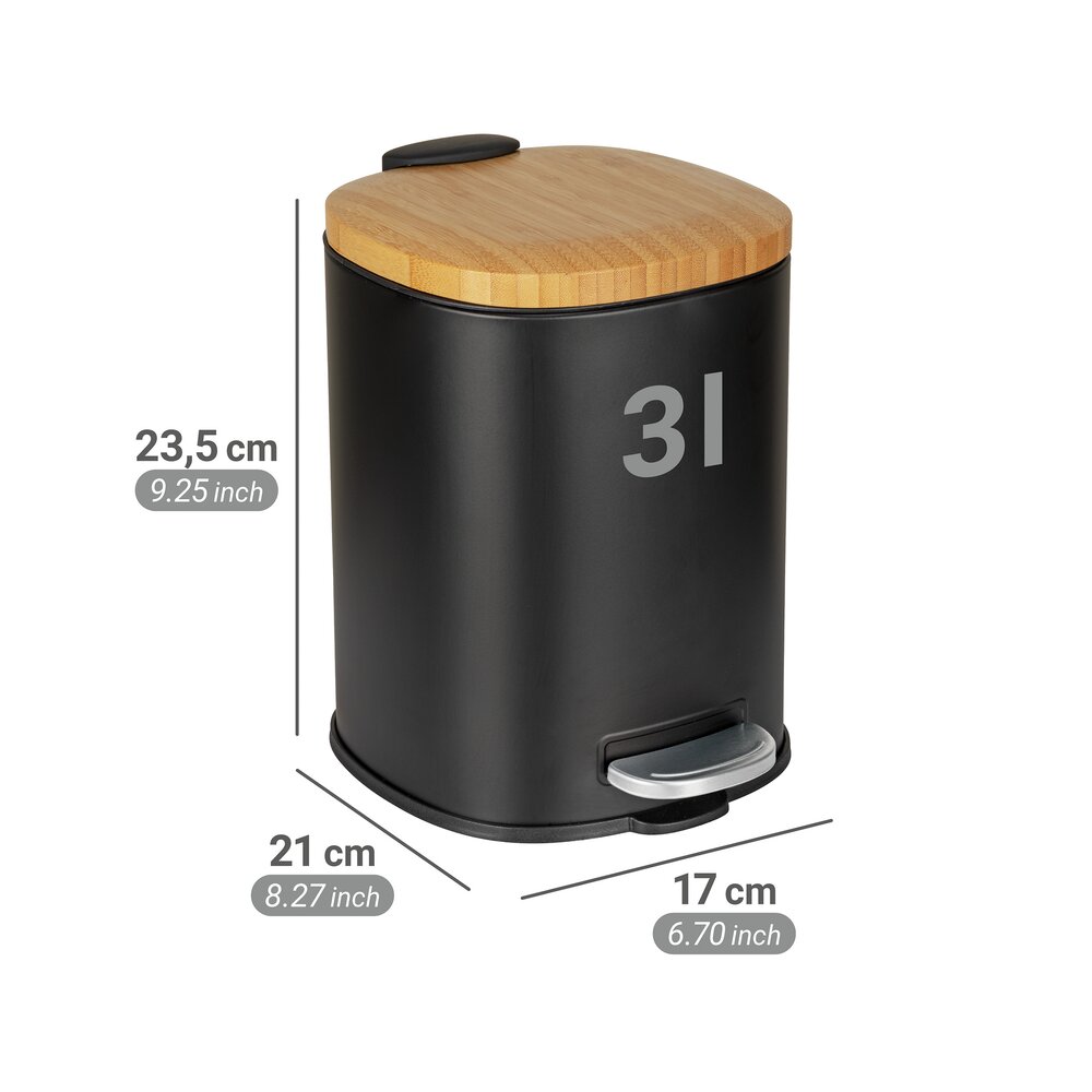 Poubelle à pédale Mod. Fianema, noir, métal/bambou, 3L, Easy-Close  récipient intérieur amovible