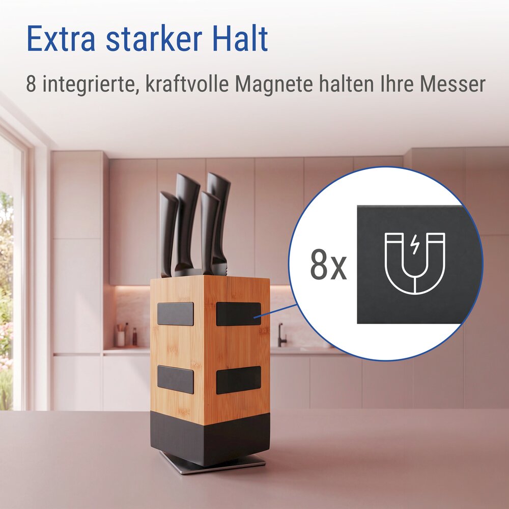 Bloc à couteaux magnétique XL en bambou avec 5 couteaux  porte-couteau rotatif à 360°