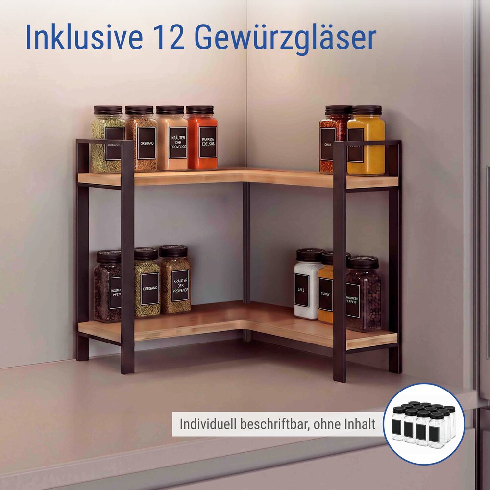 Etagère d'angle de cuisine Mod. Lou, 2 étagères, bocaux à épices, lot de 13  2 niveaux