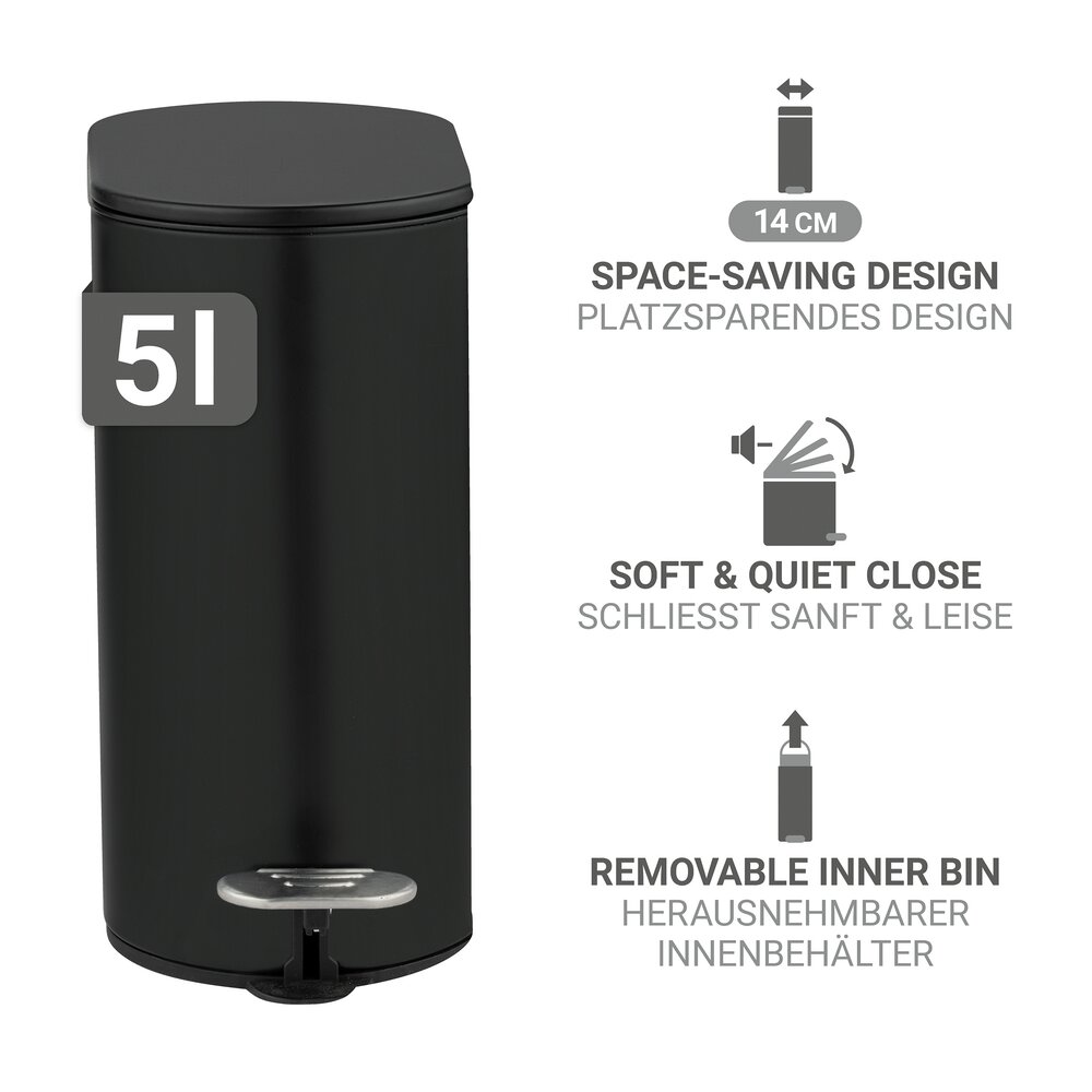 Pedaalemmer Mod. Collungo, 5L, zwart, metaal, 14x28.5x29.5 cm